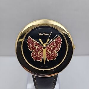 Womens Pierre Bernard Butterfly Watch Gold Glitter Black Leather New Battery
